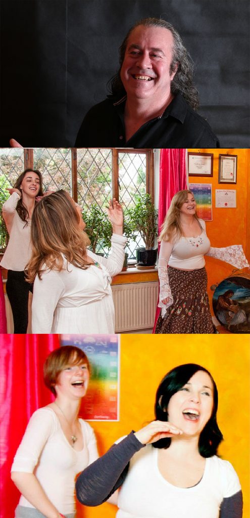 People practicing yoga laughing